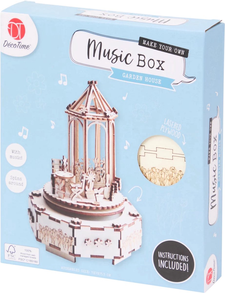Houten Muziek doos 3D-puzzel – Tuinhuisje - 11 x 11 x 15.5cm | Houten Muziek doos Puzzel – Music Box Gardenhouse - Decotime